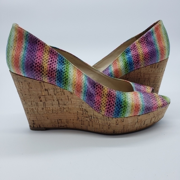𝅺nine West women US 9 rainbow wedge heels Cheerful-30 open toe cork vegan PRIDE - Picture 1 of 12
